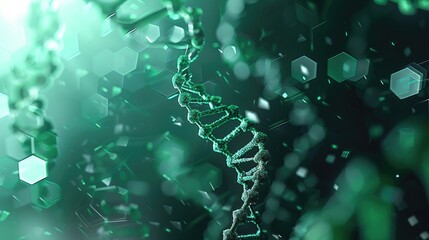 Wall Mural - dna helix with green and gray hexagons on abstract background molecular research concept with copysp
