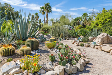 A vibrant desert garden with various types of cacti and succulents under a bright blue sky.