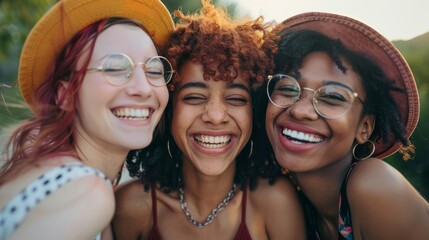 A close-up shot of a group of friends with bright smiles, embracing each other and enjoying a moment of laughter, with a soft, blurred background