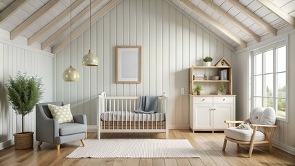 Wall Mural - Mock Up empty Wall In farmhouse Interior Background  in baby room with poster frame, nursery mockup, Scandinavian Style, 3D render, 3D illustration