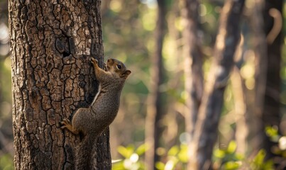 Wall Mural - Squirrel climbing up a tree trunk