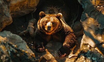 Wall Mural - Top view of a bear resting in a cave, dappled sunlight