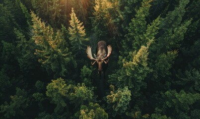 Wall Mural - Top view of a moose walking through a dense forest