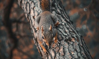 Wall Mural - Top view of a squirrel climbing up a tree trunk