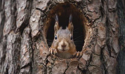 Wall Mural - Top view of a squirrel peeking out from a tree hollow