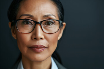 Wall Mural - Close-up portrait of a middle aged woman, studio photo, against a sleek gray studio backdrop