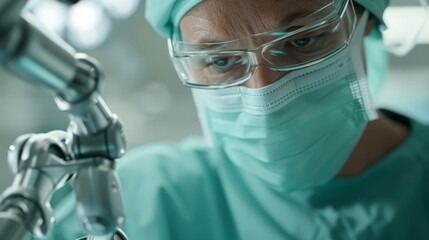 Medical professional using robotic assistance in an operation, realistic, hightech, bright lighting