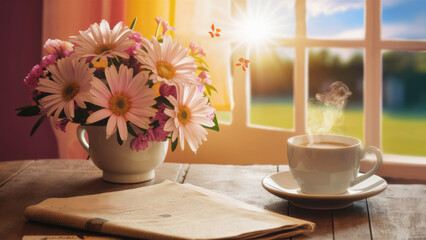 Wall Mural - A cup of coffee and a vase full flowers on the table, AI