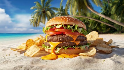 Canvas Print - A large cheeseburger with chips and a drink on the beach, AI