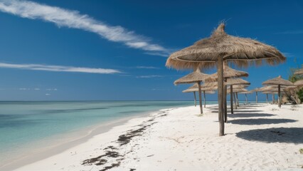 Poster - A row of straw umbrellas on a beach next to the ocean, AI