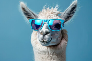 White llama wearing blue glasses.