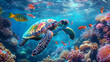 © FATNA - turtle with group of colorful fish and sea animals with colorful coral underwater in ocean