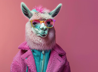 Abstract, creative, illustrated, minimal portrait of a wild animal dressed up as a man in elegant clothes. A lama in a trendy vintage hipster casual sweatshirt.