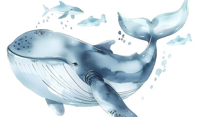 Poster - Children's drawing of a whale in watercolor style. Cute sea animal isolated on white background. Illustration for cover, card, postcard, interior design, decor or print.