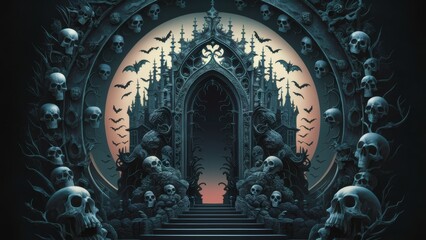 Wall Mural - A painting of a gothic castle with skulls and bats, AI