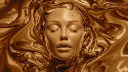 Poster - A woman's face is covered in gold and brown liquid, AI