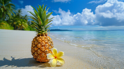 Portrait of Pineapple and Temple Flower on Sandy Tropical Beach - Calm Shallow Crystal Clear Water, Lush Beach Forest, Exotic Summer Scene