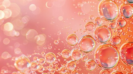 Canvas Print - Oil bubbles on coral background with pink abstract space Soft focus macro of oil drops on water Copy space included with air bubbles in water