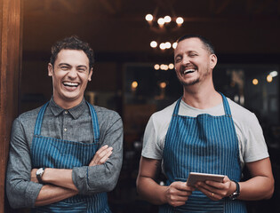 People, restaurant and portrait of man with tablet, professional and teamwork for small business startup. Happy, confident and pride for success in career in hospitality service, growth and together.