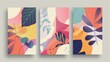 © Stock Spectrum - Abstract Floral Illustration, Three Panels, Pink, Orange, and Blue Leaf, Trendy Design