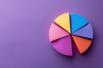 Colored paper circles arranged as a pie chart Purple background Flat lay High quality, no realistic photo details