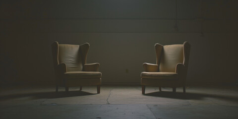 Two armchairs facing each other dark cozy atmosphere