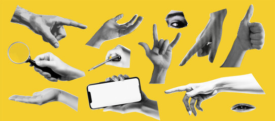 Wall Mural - set of hands gestures at the popart style and halftone effect on the bright yellow background. trend