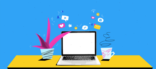 Collage graphic design banner with workspace with laptop mockup and plant and coffee. SMM background. Social media icons is flying. Popart trendy illustration with halftone elements. 
