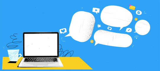 Collage graphic design banner with workspace and coffee and laptop mockup and speech bubbles.  Online talk concept with empty space for text. Popart trendy illustration with halftone elements