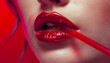 © Mikhail Vorobev - Close up of woman s lips biting red plastic straw, red lips in summer, summer party poster