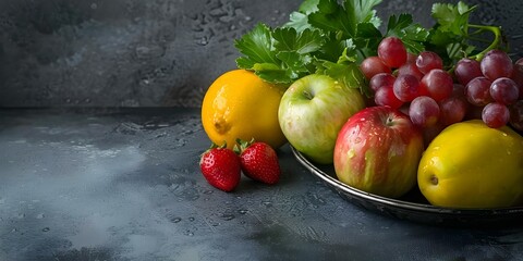 Wall Mural - Assorted fresh fruits and vegetables on dark surface for healthy eating goals. Concept Healthy Eating, Fresh Produce, Nutritious Food, Balanced Diet, Colorful Fruits and Vegetables