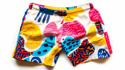 Wall Mural - Bright, funky swim shorts adorned with a lively mix of abstract patterns in bold, cheerful colors.