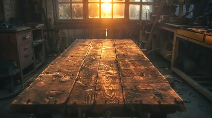 Weathered Wooden Table in Workshop Interior Retro Vintage Background with Sunlight and Shadows