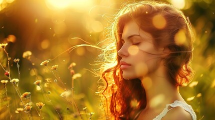 Wall Mural - The image depicts a serene, golden-hued scene at sunset, featuring a young woman with long, wavy hair illuminated by the warm sunlight. Her eyes are closed, and she appears to be in a state of peacefu