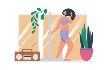 Wall Mural - Strip dance web concept with people scene in flat design. Woman doing sensual pole dance training and learning new moving in ballroom studio. Vector illustration with character situation for web