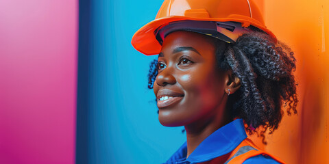 Wall Mural - A construction worker woman in a helmet smiling on colored background with copy space. Young Builder in uniform banner template.