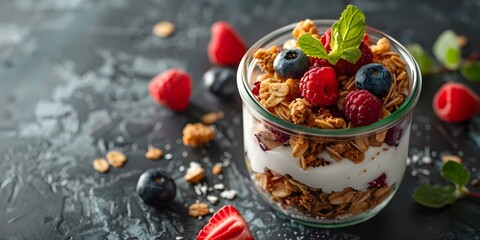 Wall Mural - Healthy Breakfast Idea Greek Yogurt Granola Jar with Mixed Berries. Concept Breakfast, Healthy, Greek Yogurt, Granola, Mixed Berries