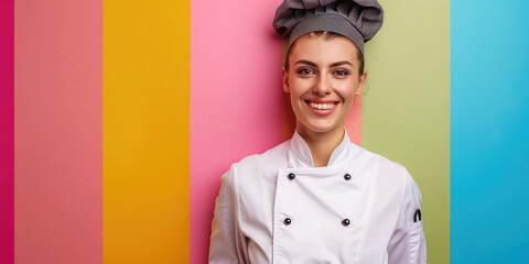 Wall Mural - Chef woman smiling on colored background with copy space. Young cook in uniform banner template.