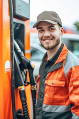 Wall Mural - Gas station attendant man worker smiling on colored background with copy space. Young fuel attendant in uniform banner template.