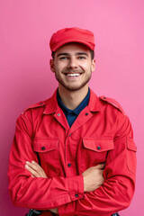 Wall Mural - Gas station attendant man worker smiling on colored background with copy space. Young fuel attendant in uniform banner template.