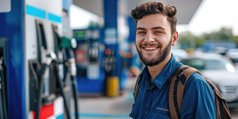 Wall Mural - Gas station attendant man worker smiling on colored background with copy space. Young fuel attendant in uniform banner template.