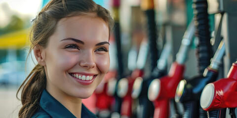 Wall Mural - Gas station attendant woman worker smiling on colored background with copy space. Young fuel attendant in uniform banner template.