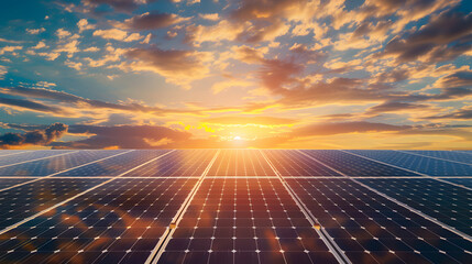 Photovoltaic solar panels with sunset sky background, Clean Green renewable energy concept