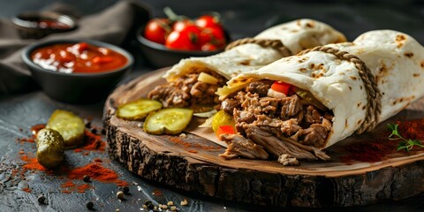 Wall Mural - Delightful Fast Food Shawarma with Pickles and Hummus on Rustic Wooden Board. Concept Food Photography, Shawarma, Pickles, Hummus, Rustic Presentation