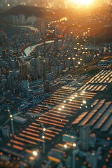 Wall Mural - Aerial view of a city during sunset with buildings and streets lit up by the golden light