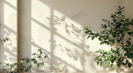 Wall Mural - Sunlight Streaming Through Window Casting Leaf Shadows on White Wall