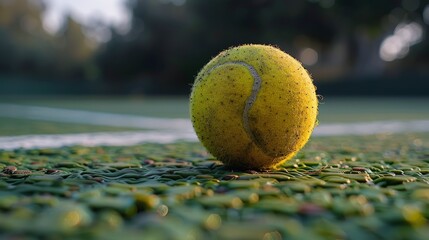 Wall Mural - Closeup of a Worn Tennis Ball on a Green Court