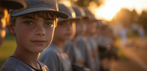 Wall Mural - Young Baseball Player Standing In Line At Sunset