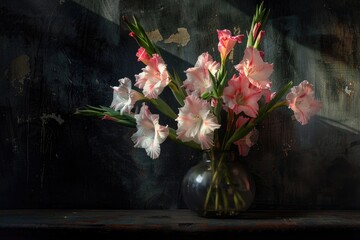 Poster - A still life image of a vase filled with pink and white flowers