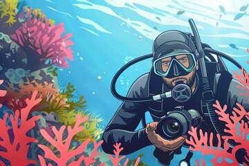 Wall Mural - A male diver takes a photo of the vibrant coral reef with his underwater camera, surrounded by the ocean's wonders. The wetsuit and scuba gear are a testament to his adventurous spirit.